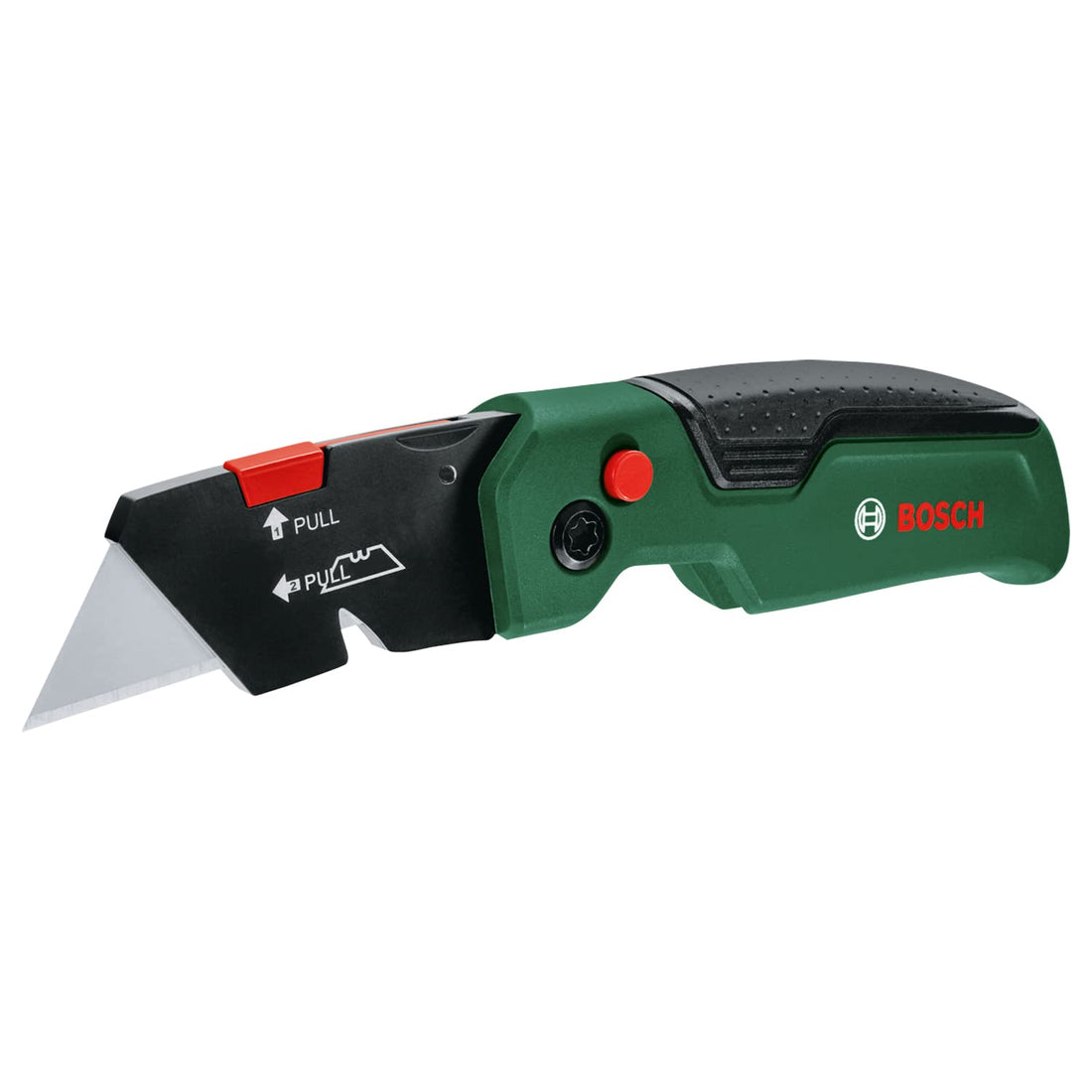 Bosch Folding Knife (Compact, Heavy Duty Folding Knife for DIY, Stainless Steel, One-Handed Opening, Quick Blade Change, Belt Clip, 3 Blades)