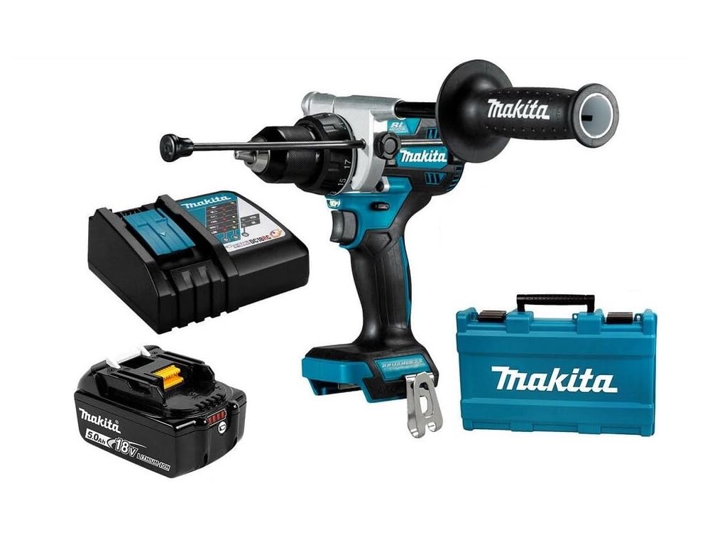 Makita 18V Brushless Hammer Driver Drill Kit with 5.0Ah Battery and Rapid Charger in Heavy Duty Case.
