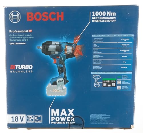 Bosch Professional BITURBO GDS 18V-1000 C cordless impact driver (1000 Nm tightening torque, 1600 Nm breakaway torque, excl. rechargeable batteries and charger, in cardboard box)