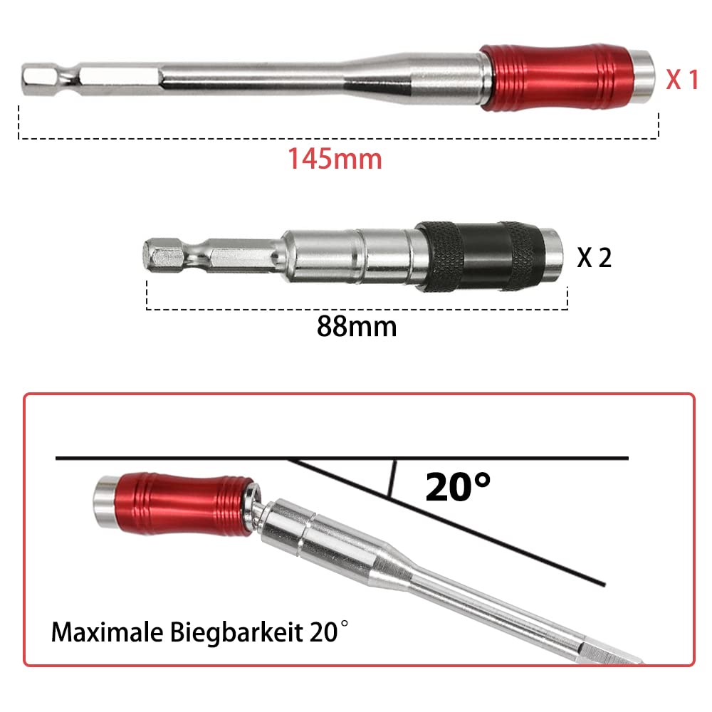 Saipe 3PCS Adjustable Pivot Bit Holder Magnetic Pivoting Bit Tip Holder 1/4" Hex Shank Drill Bit Extension Quick Release Flexible Screw Drill Tip Extension Rod for Tight Spaces/Corners (88mm+145mm)