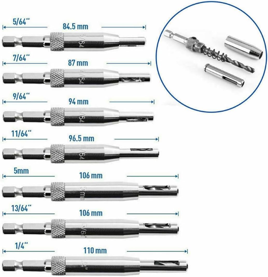 AIMALL 7-Piece Self-Centering Hinge Drill Bit Set – 1/4" Hex Shank for Woodworking, Cabinet Hinges, Door Handles, and Pilot Holes – High-Precision Positioning Tools