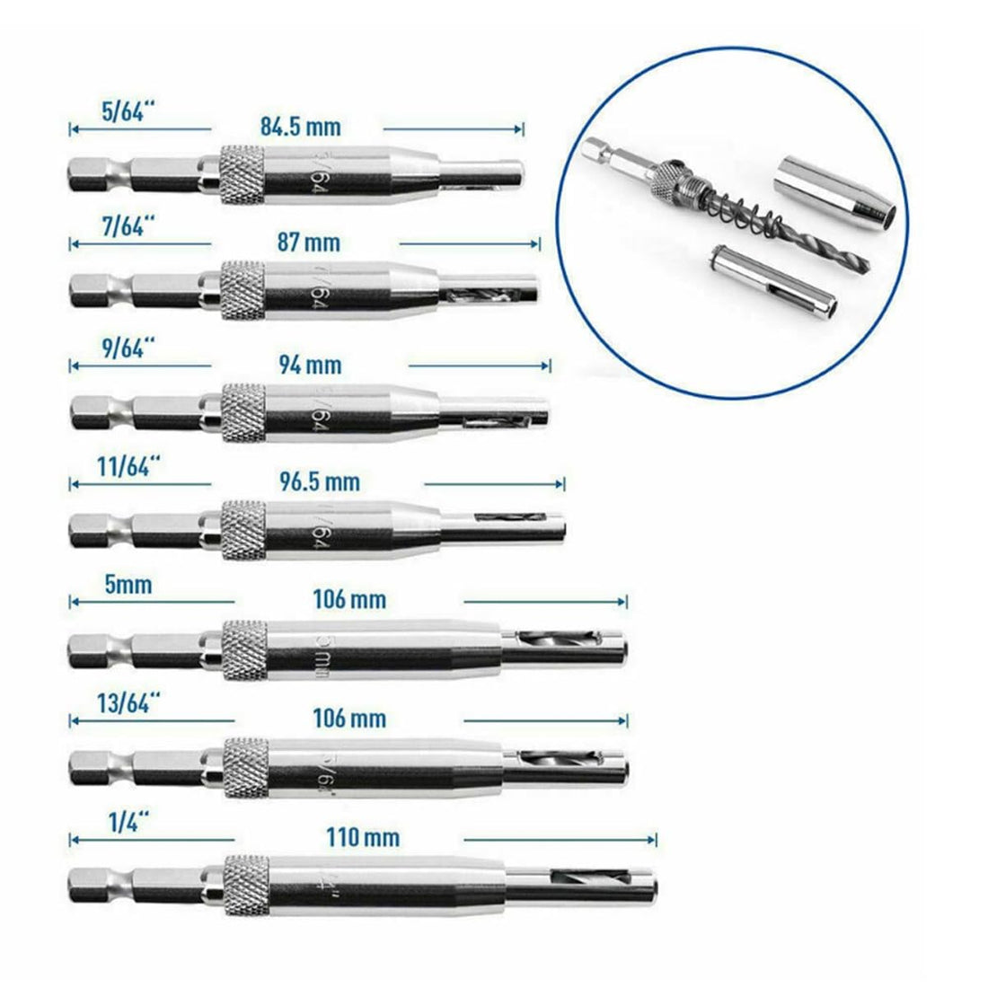AIMALL 7-Piece Self-Centering Hinge Drill Bit Set – 1/4" Hex Shank for Woodworking, Cabinet Hinges, Door Handles, and Pilot Holes – High-Precision Positioning Tools