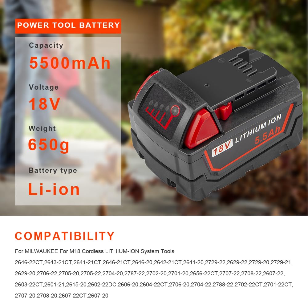 2 Pack 18V 5.5Ah for M18 Replacement Battery Compatible with Milwaukee Lithium Battery Power Tools 48-11-1820 48-11-1840 48-11-1850 48-11-1828 48-11-1815 Cordless Tool Batteries with LED Indicator