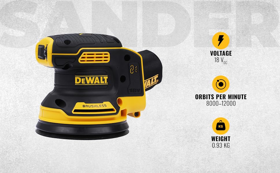 DeWalt 18V XR Brushless Random Orbital Sander, 125 mm Pad Size