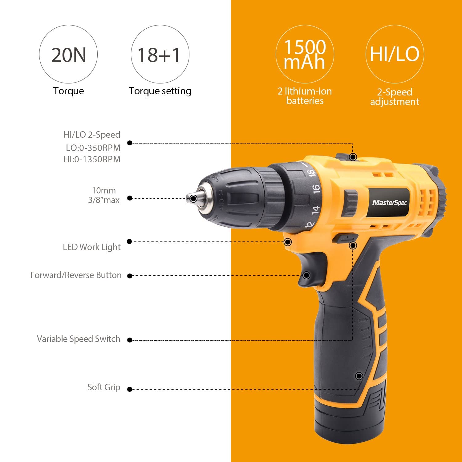 MasterSpec 12V Cordless Drill Driver Screwdriver