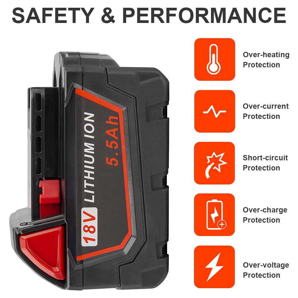 2 Pack 18V 5.5Ah for M18 Replacement Battery Compatible with Milwaukee Lithium Battery Power Tools 48-11-1820 48-11-1840 48-11-1850 48-11-1828 48-11-1815 Cordless Tool Batteries with LED Indicator