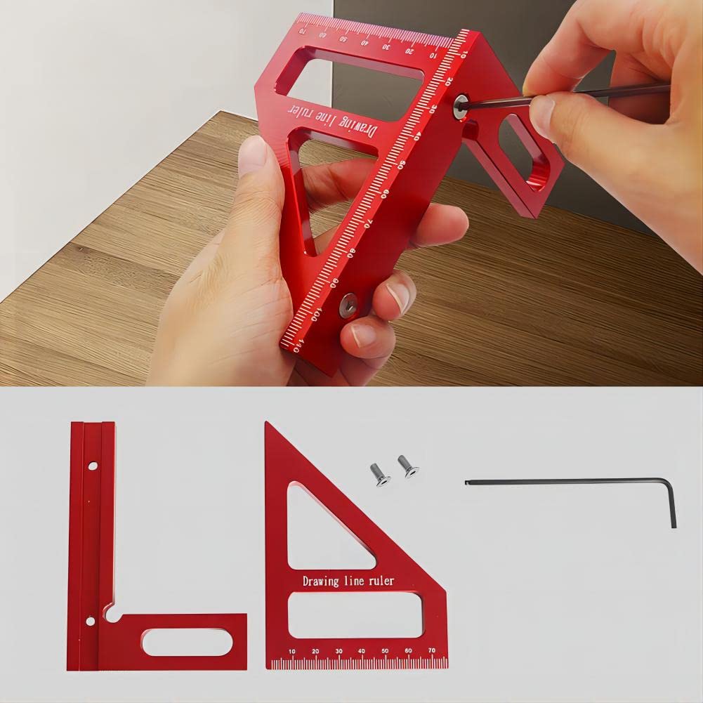 KETIPED 3D Multi-Angle Measuring Ruler,45/90 Degree Aluminum Alloy Woodworking Square Protractor,Drawing Line Ruler, Miter Triangle Ruler High Precision Layout Measuring Tool for Engineer Carpenter,R