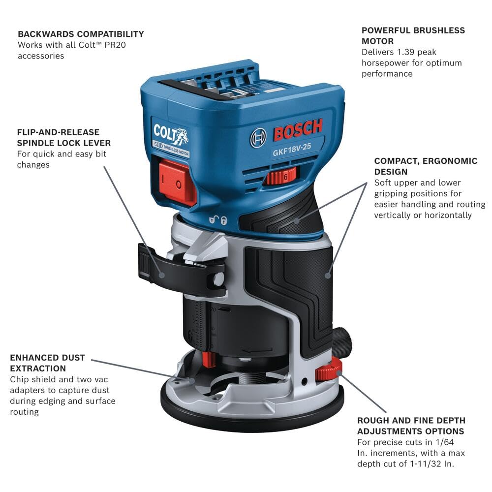 BOSCH GKF18V-25N 18V Brushless Colt™ Palm Router | Cordless Power and Precision for Woodworking Projects - Includes Dust Extraction System and Variable Speed Control (Bare Tool)