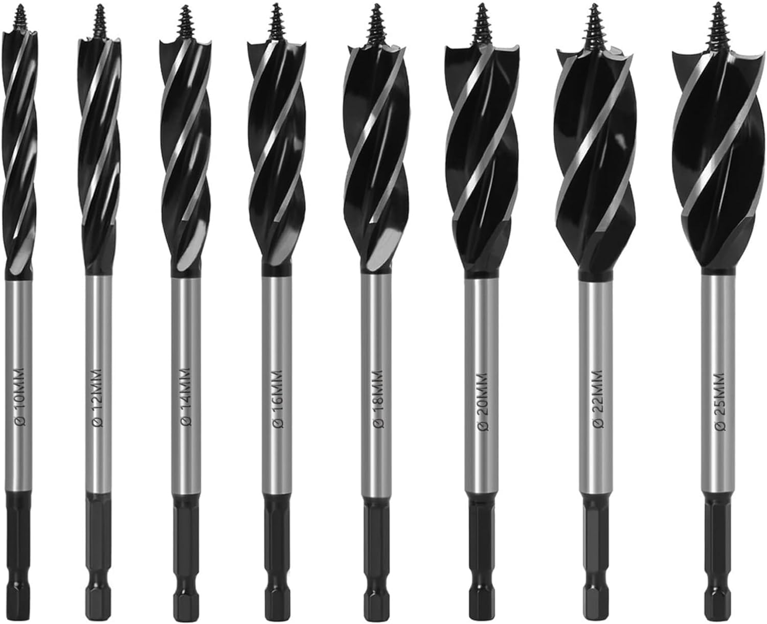 KEWAYO 8Pcs Auger Drill Bit Set Woodworking Drill Bit Set, 10-25mm Four-Slot Four-Edge Auger Drill Bit, Hex Shank Woodworking Drill Bit, for Softwood, Hardwood, Plastic