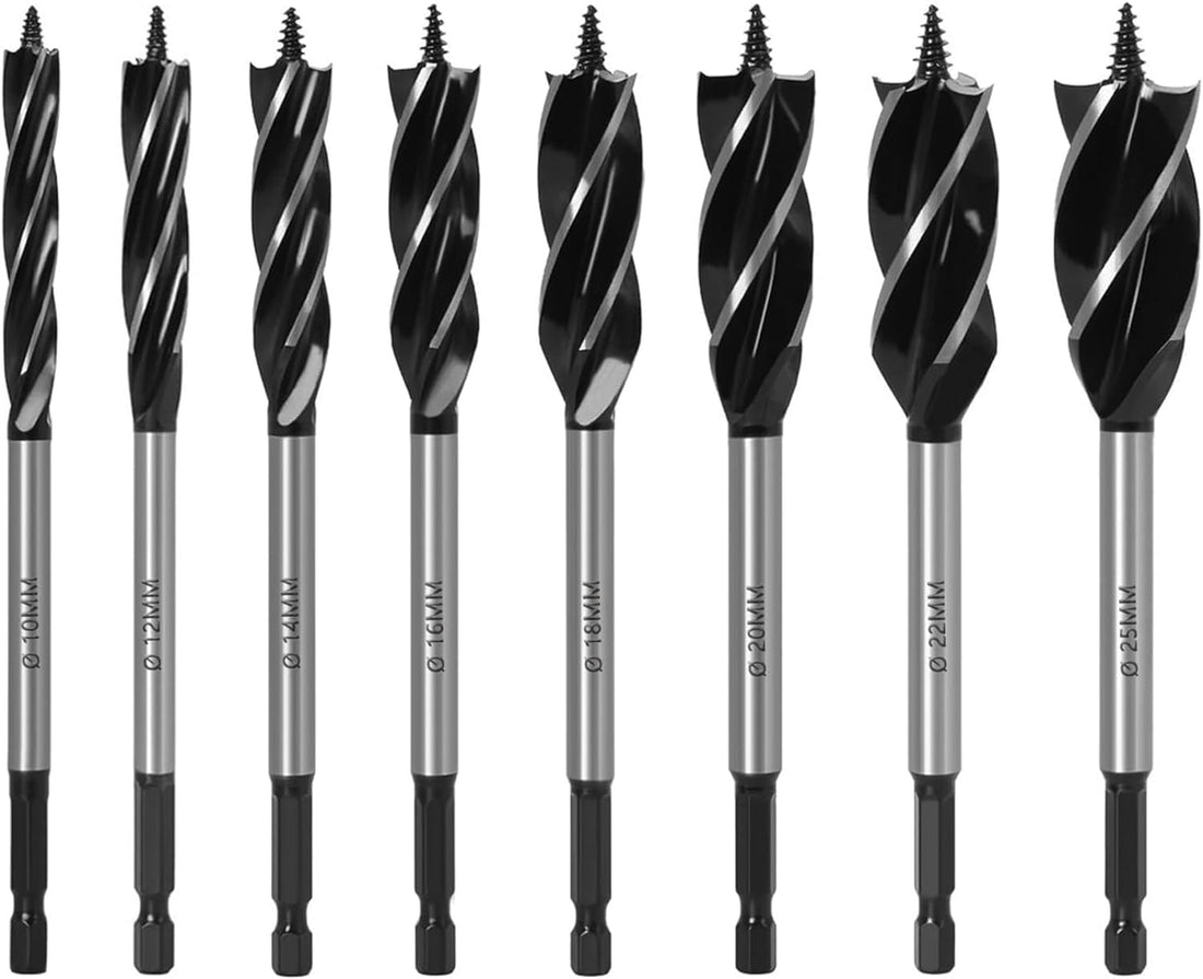KEWAYO 8Pcs Auger Drill Bit Set Woodworking Drill Bit Set, 10-25mm Four-Slot Four-Edge Auger Drill Bit, Hex Shank Woodworking Drill Bit, for Softwood, Hardwood, Plastic