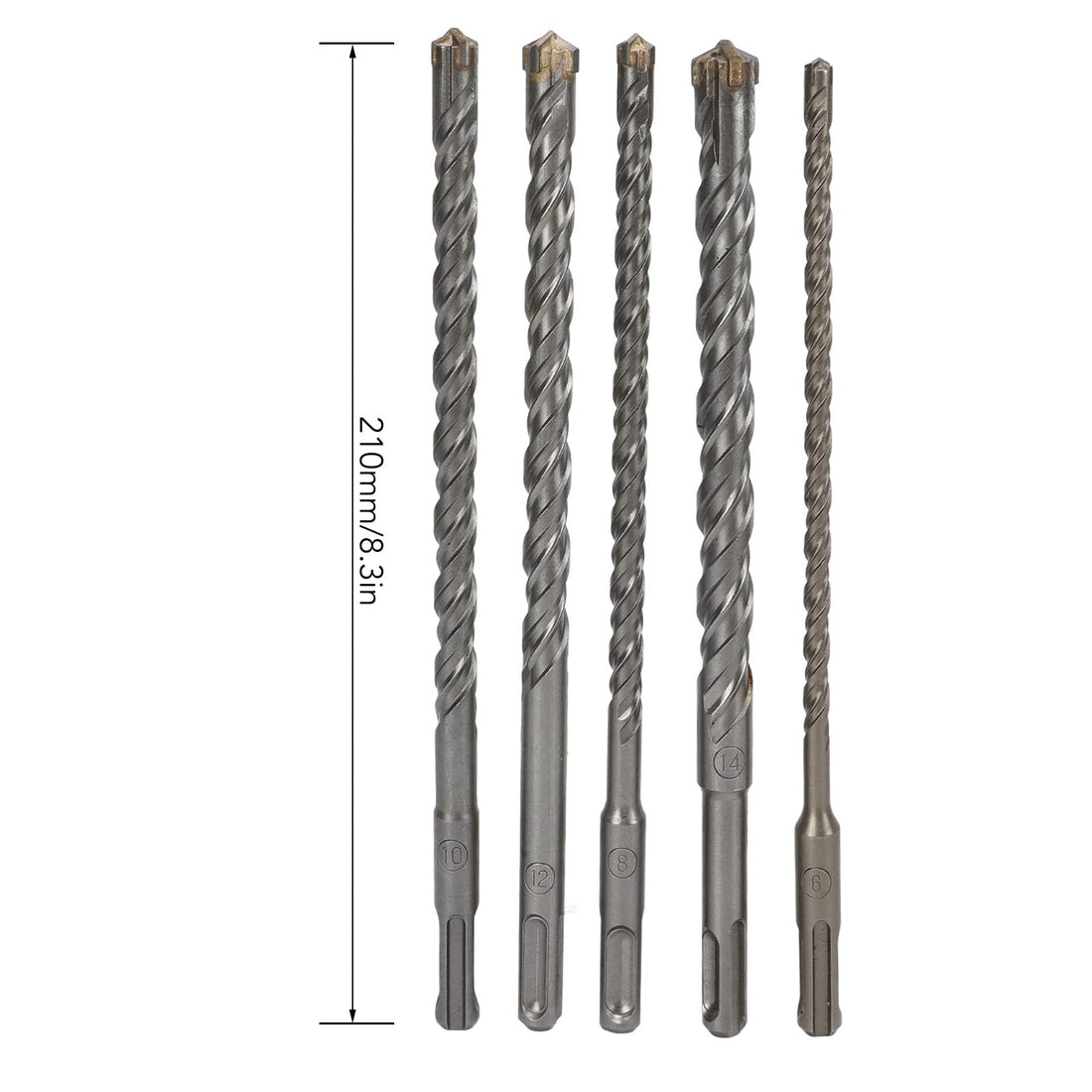 5 Pcs Masonry Drill Bit Set, 6mm 8mm 10mm 12mm 14mm Punch Diameter 210mm Length Cross Drill Bits for Electric Hammers