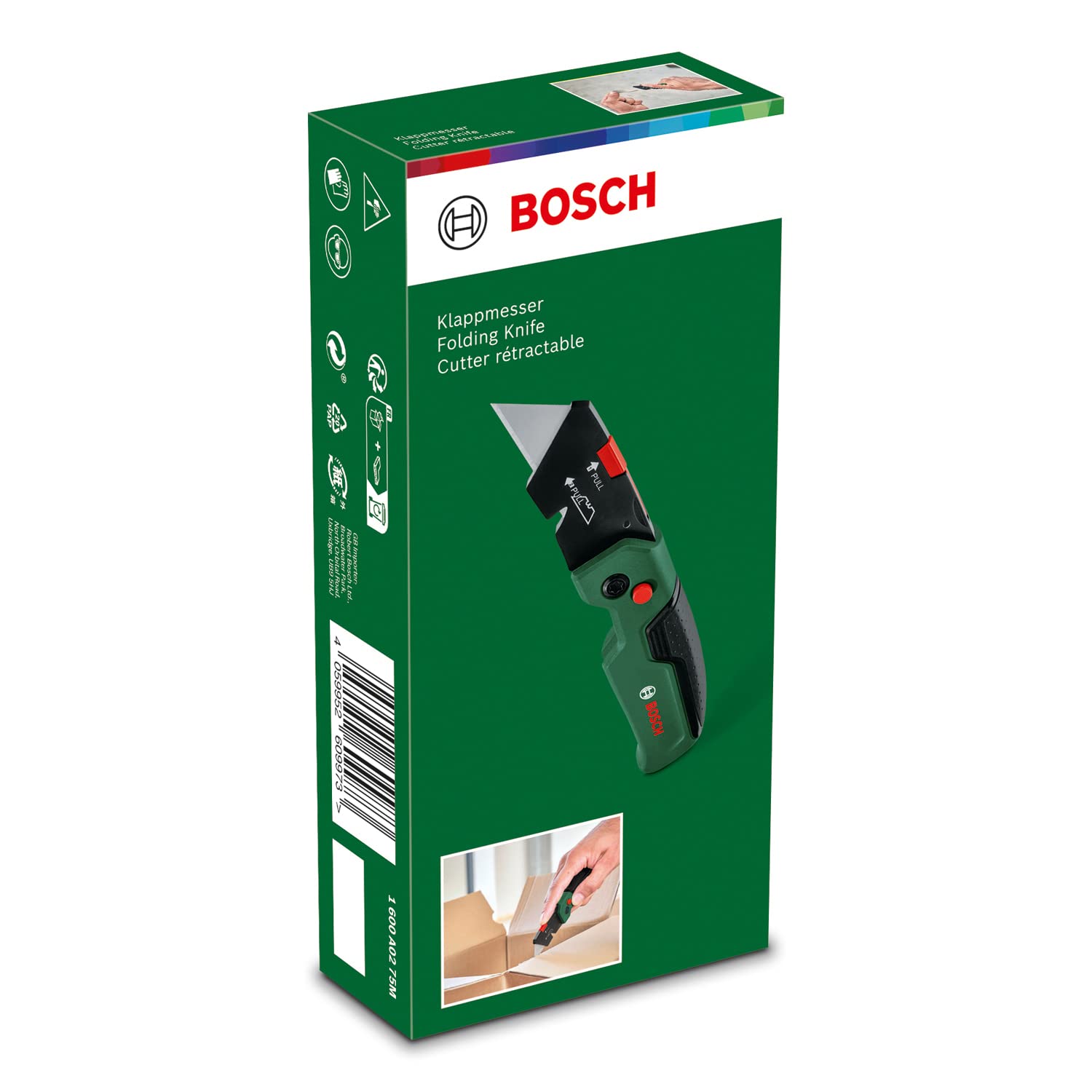 Bosch Folding Knife (Compact, Heavy Duty Folding Knife for DIY, Stainless Steel, One-Handed Opening, Quick Blade Change, Belt Clip, 3 Blades)