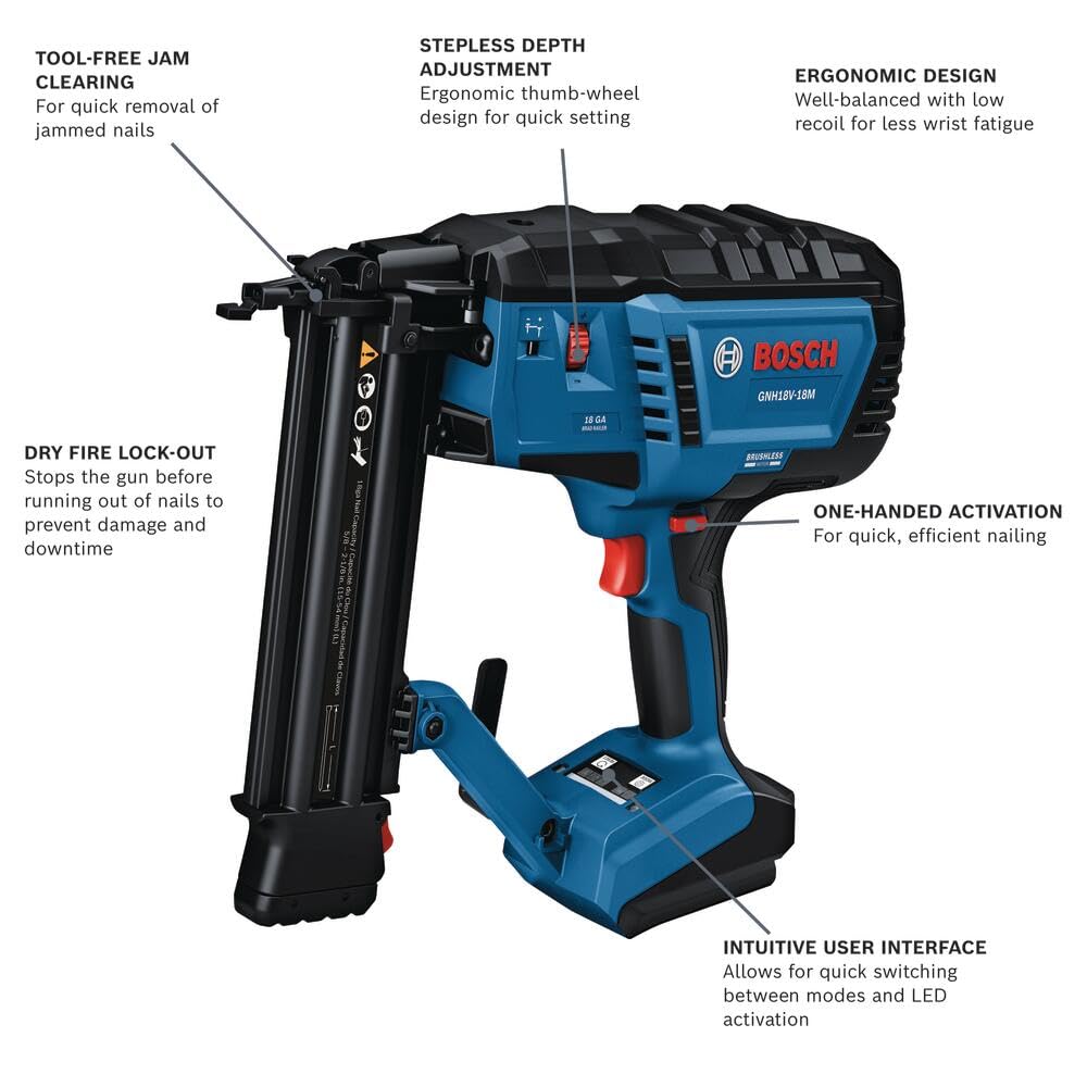 BOSCH GNH18V-18MN 18V Brushless 18-Gauge Brad Nailer - Cordless Power, Fastens up to 2,000 Nails per Charge, One-Handed Activation, Tool-Free Jam Clearing, Double LED Light (Bare Tool)