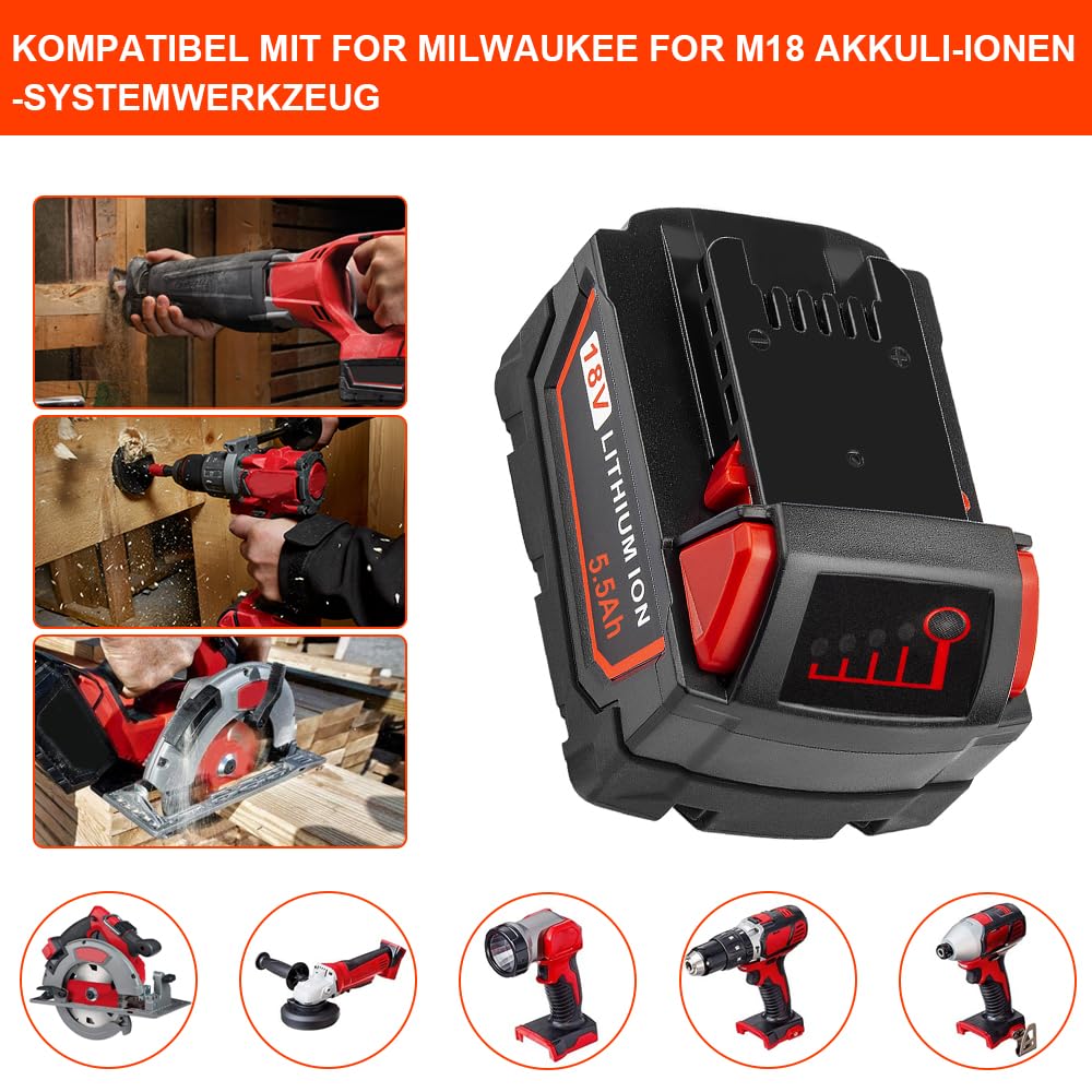 2 Pack 18V 5.5Ah for M18 Replacement Battery Compatible with Milwaukee Lithium Battery Power Tools 48-11-1820 48-11-1840 48-11-1850 48-11-1828 48-11-1815 Cordless Tool Batteries with LED Indicator