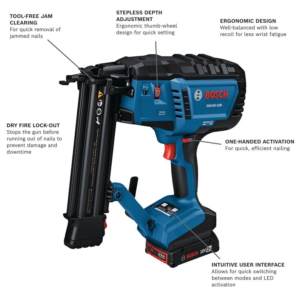 BOSCH GNH18V-18MB12 18V Brushless 18-Gauge Brad Nailer Kit with 2Ah Battery and Charger - Cordless, Efficient, and Precise for Decorative Work and Tight Spaces