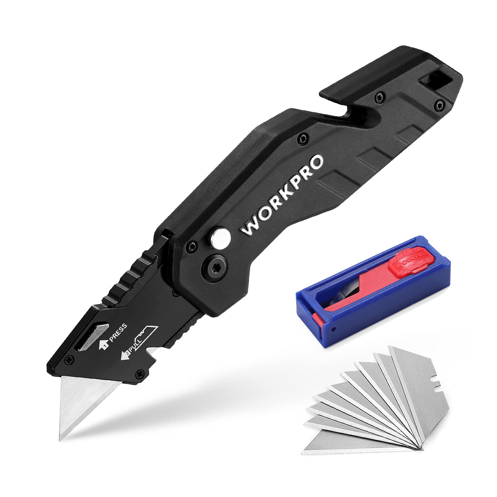 WORKPRO Folding Utility Knife, Box Cutter with Belt Clip, Quick-Change Blade, Lightweight Nylon Handle, Wire Stripper & Gut Hook, Extra 10 SK5 Blades Included, Black