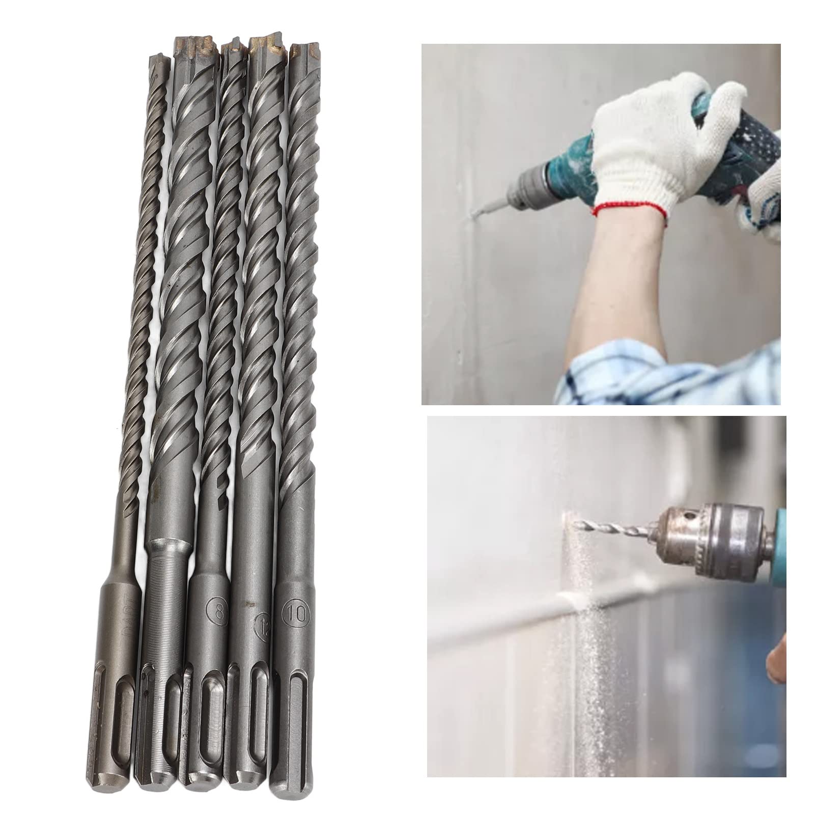 5 Pcs Masonry Drill Bit Set, 6mm 8mm 10mm 12mm 14mm Punch Diameter 210mm Length Cross Drill Bits for Electric Hammers