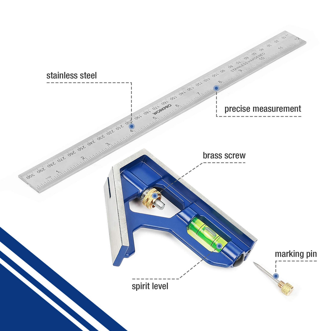 WORKPRO Combination Square 300mm/12Inch, Engineers Set Square, Stainless Steel Angle Ruler, Adjustable Carpentry Square 45/90 Degree with Bubble Level, Measuring Tool for Engineer Carpenter