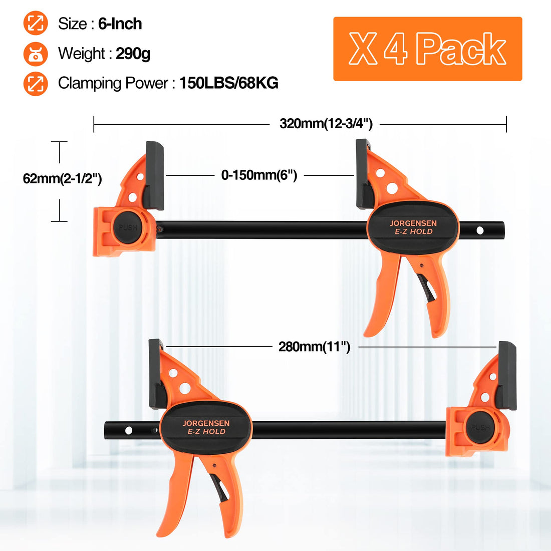 Jorgensen 6" Spreader/Bar Clamp Set, 4-pack,One-Hand Light Duty