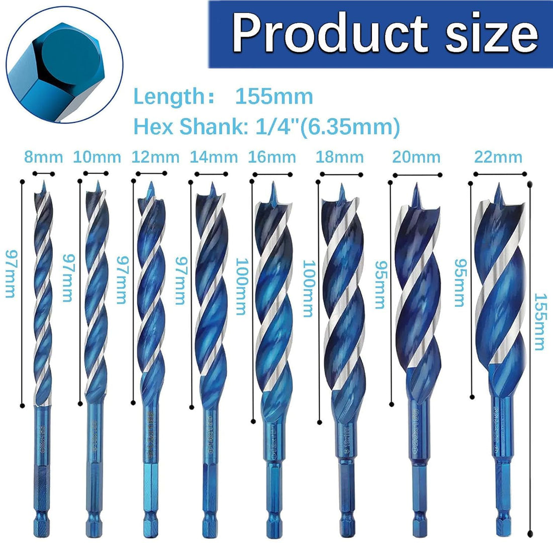 YUENTOEN 8Pcs Auger Drill Bit for Wood, 8-22mm Woodworking Spiral Drill Bit, 3 Flute Impact Wood Drill Bit with 6.35mm Hex Shank Quick Change for Hardwood and softwood, Plastic