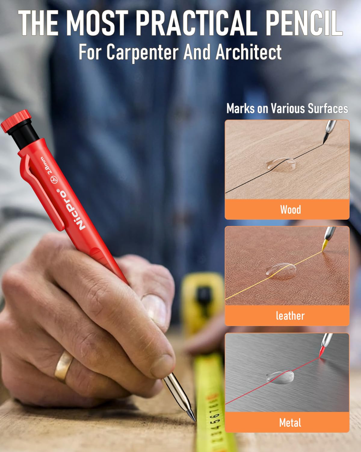 Nicpro 15 Pack Carpenter Pencil Set with Sharpener, Mechanical Carpenter Pencils with 40 Refill, Automatic Center Punch and Carbide Scribe Tool, Heavy Duty Construction Pencil for Architect-With Case