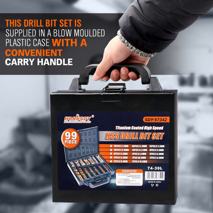 Horusdy 99-Pieces Titanium Drill Bit Set, HSS 1.5mm - 10mm Size, High Speed Twist Drilling Bits Kit for Metal, Plastic, Copper and Wood