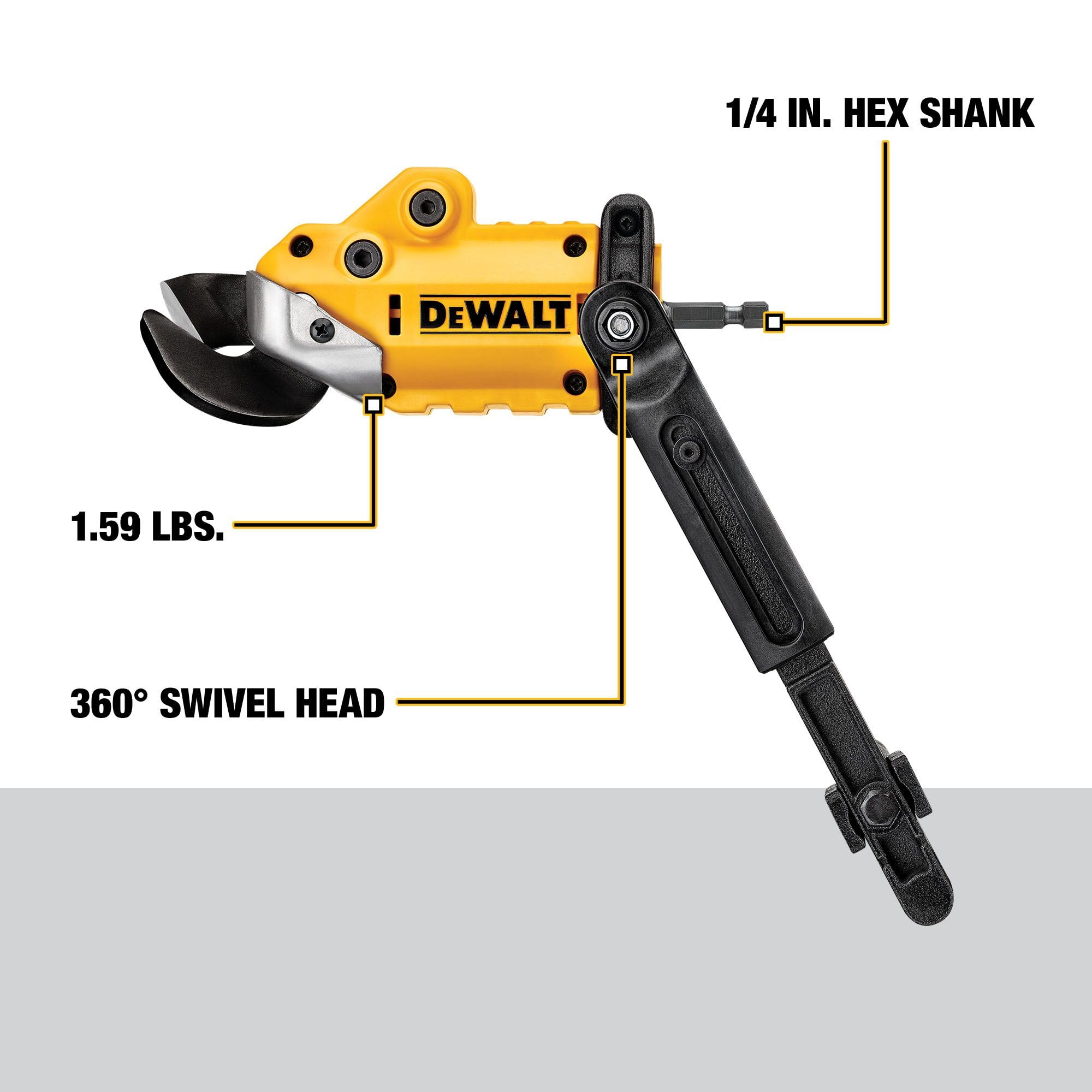 DEWALT Metal Shear/Cutter Drill Attachment, Impact Ready, 360 Degree Pivoting Head, Cuts 18GA Material (DWASHRIR)(Yellow, Black)