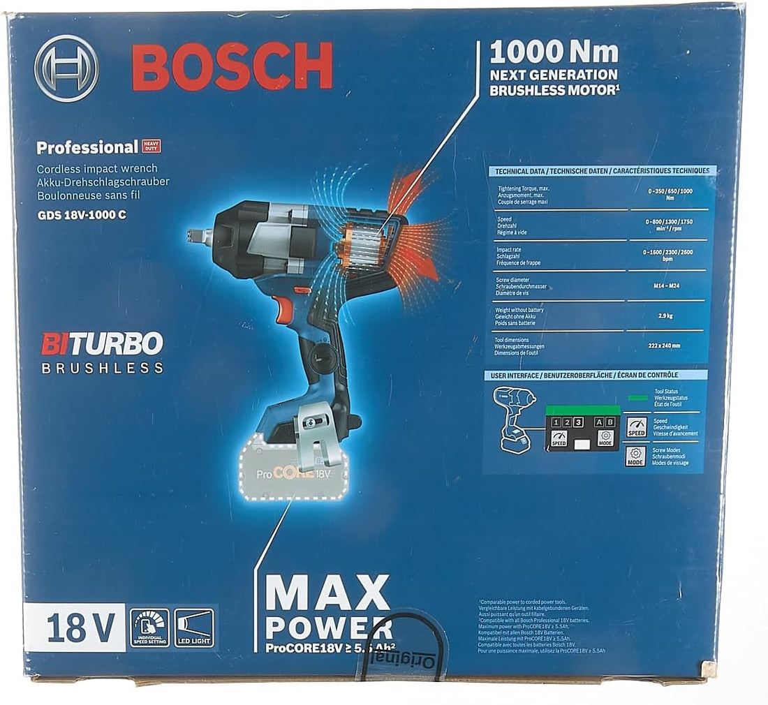 Bosch Professional BITURBO GDS 18V-1000 C cordless impact driver (1000 Nm tightening torque, 1600 Nm breakaway torque, excl. rechargeable batteries and charger, in cardboard box)