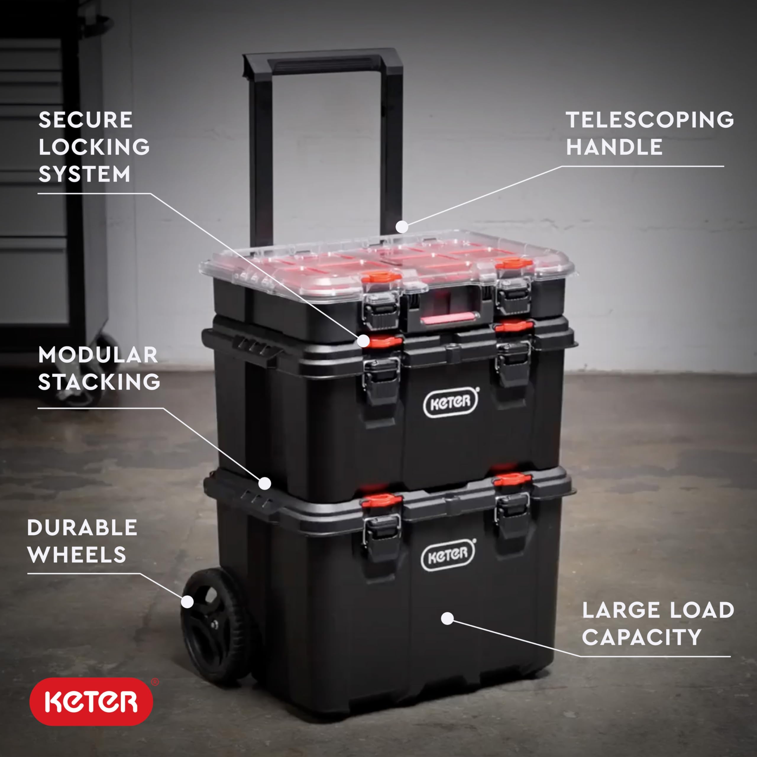 Keter Stack-n-Roll Mobile Tool Storage and Organization, 3 Piece Resin Modular Toolbox System