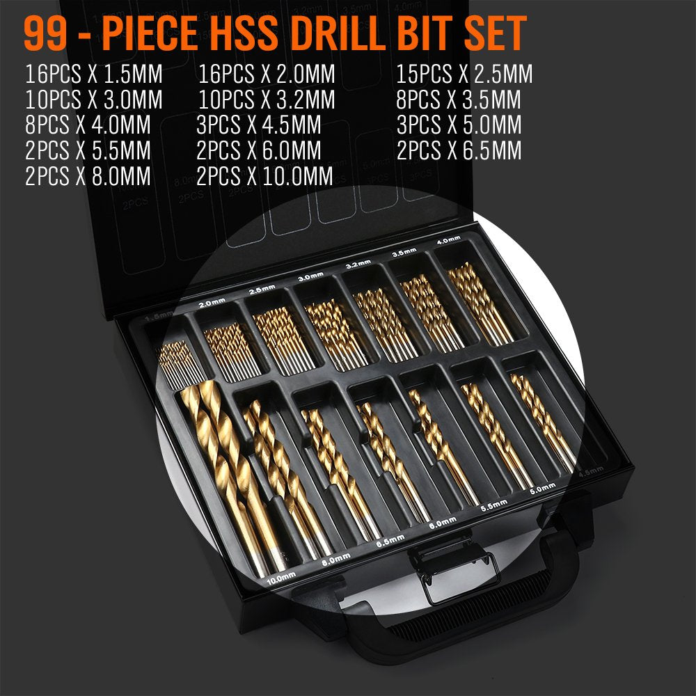 Horusdy 99-Pieces Titanium Drill Bit Set, HSS 1.5mm - 10mm Size, High Speed Twist Drilling Bits Kit for Metal, Plastic, Copper and Wood