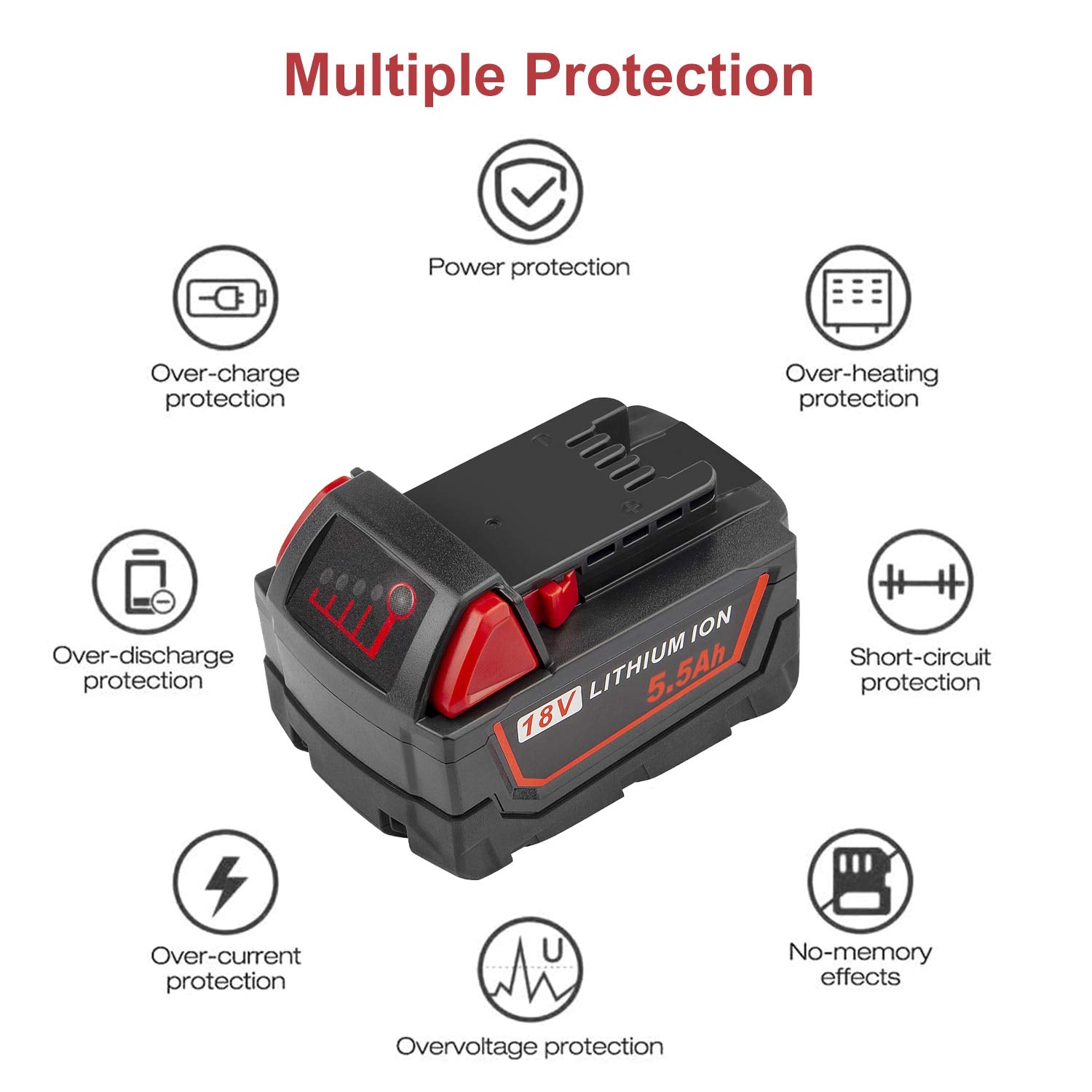 2 Pack 18V 5.5Ah for M18 Replacement Battery Compatible with Milwaukee Lithium Battery Power Tools 48-11-1820 48-11-1840 48-11-1850 48-11-1828 48-11-1815 Cordless Tool Batteries with LED Indicator