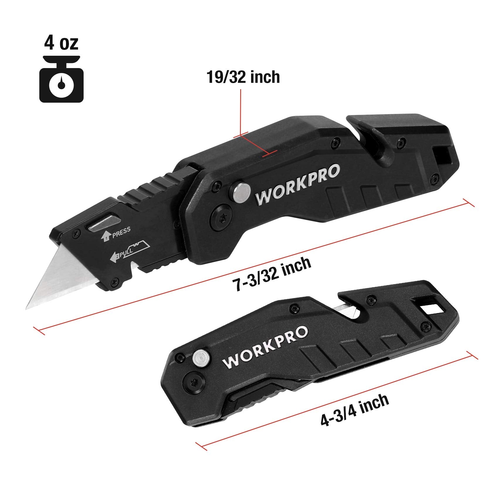 WORKPRO Folding Utility Knife, Box Cutter with Belt Clip, Quick-Change Blade, Lightweight Nylon Handle, Wire Stripper & Gut Hook, Extra 10 SK5 Blades Included, Black