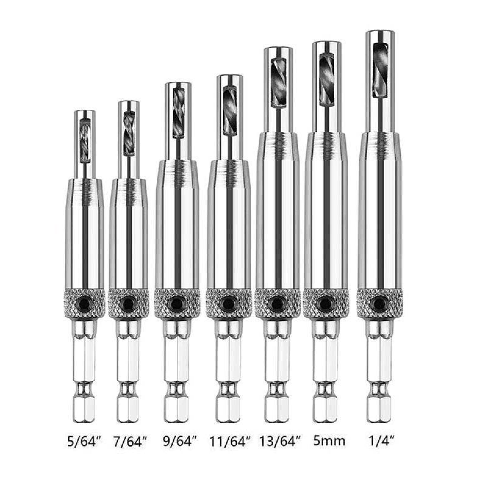 AIMALL 7-Piece Self-Centering Hinge Drill Bit Set – 1/4" Hex Shank for Woodworking, Cabinet Hinges, Door Handles, and Pilot Holes – High-Precision Positioning Tools