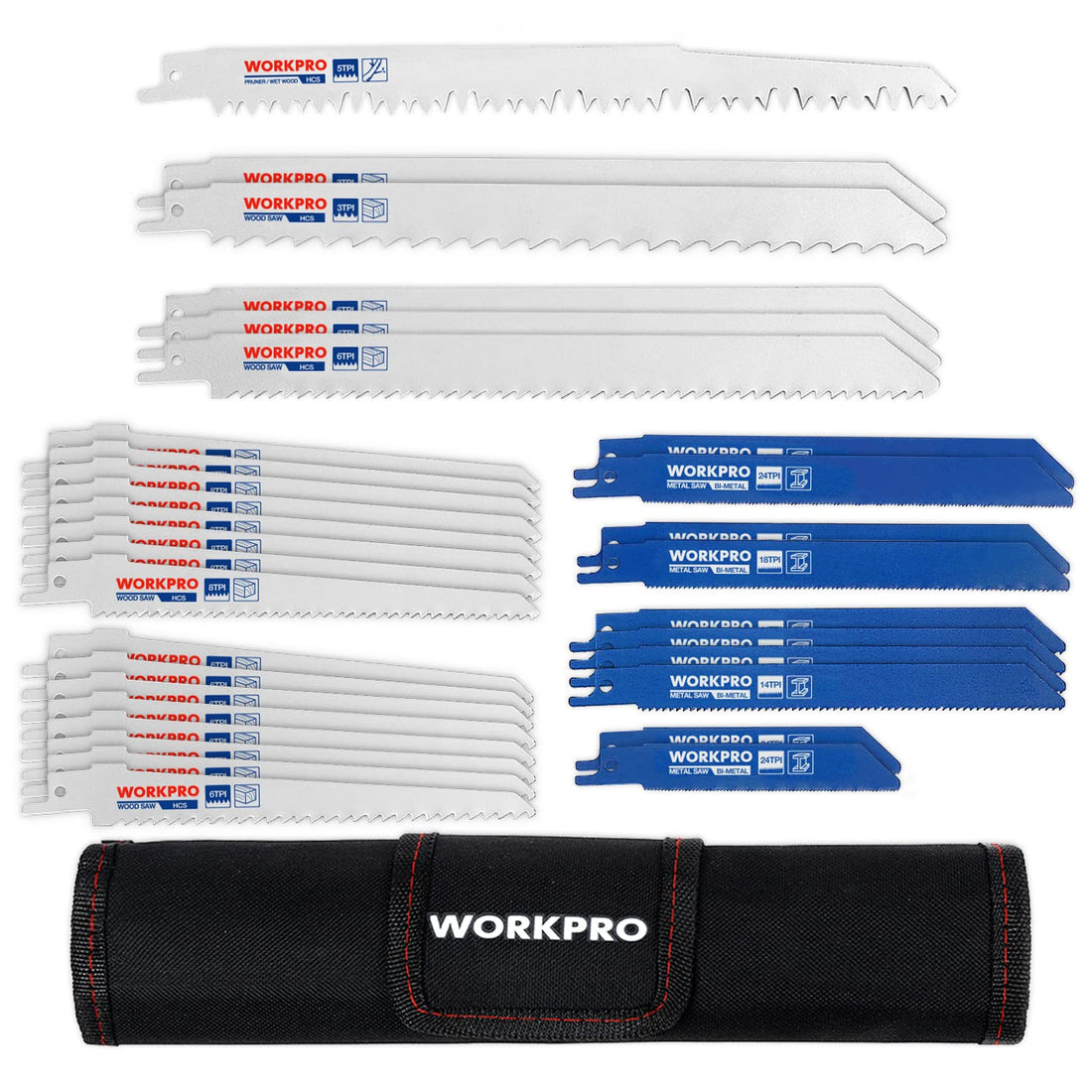 WORKPRO 32-Piece Reciprocating Sabre Saw Blades Set for Wood & Metal, with Organizer Pouch, Fits Bosch, Dewalt, Makita, etc.