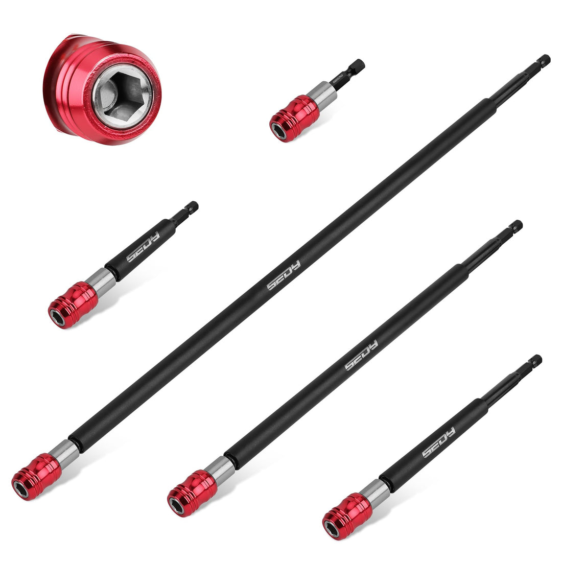 SEDY 5-Piece Magnetic Screwdriver Bit Holder Set, 1/4" Hex Shank Quick Release Extension Adapter | Super Straight Durable CR-V Steel | Universal Fit for Impact Driver Bits | 2", 4", 6", 12", 17" Long