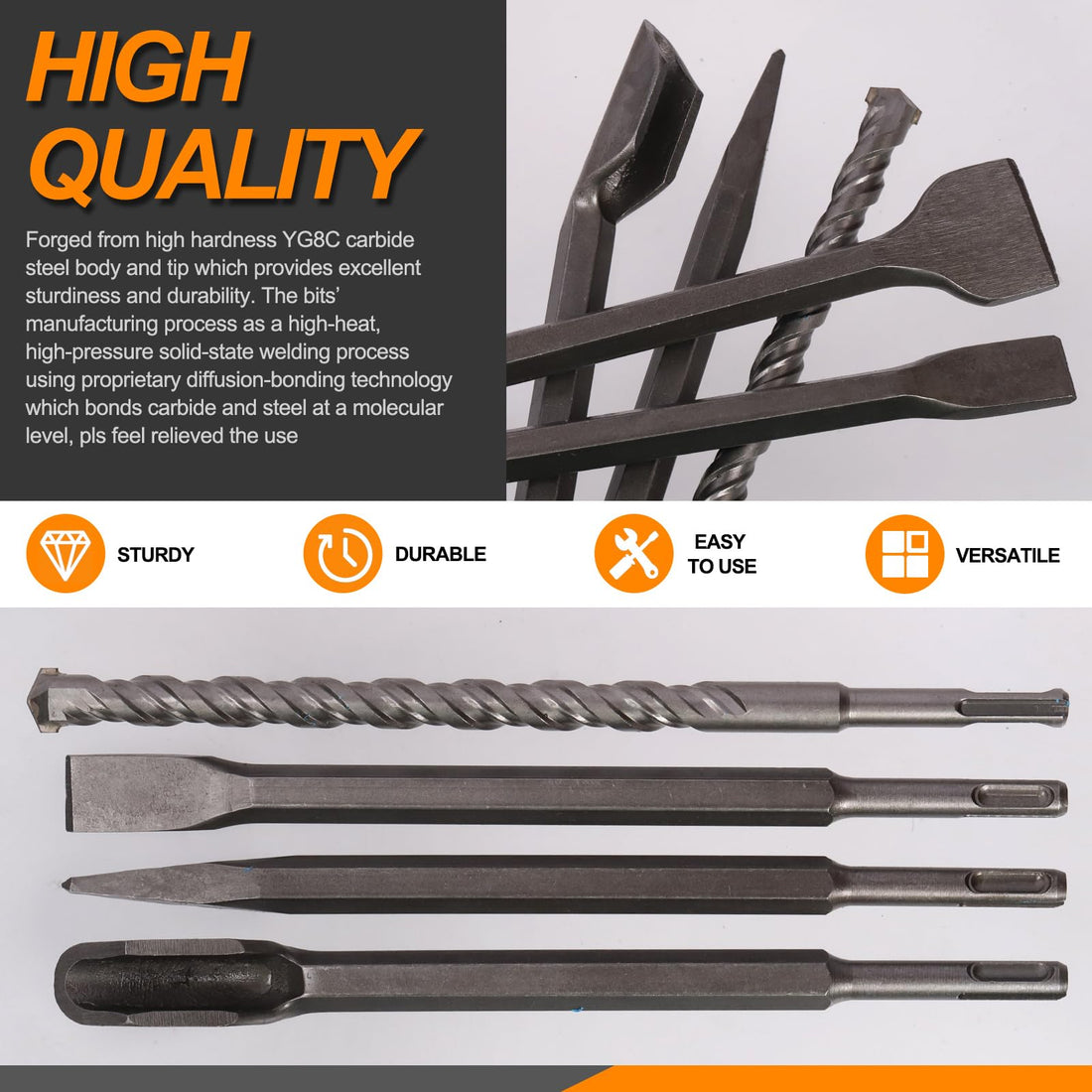Rustark 17Pcs SDS Plus Drill Bits and Chisel Set with Storage Case, Rotary Hammer Drill Bits SDS Plus Concrete Drill Bits Masonry Bits and Chisels for Stone, Brick, Concrete with Storage Case