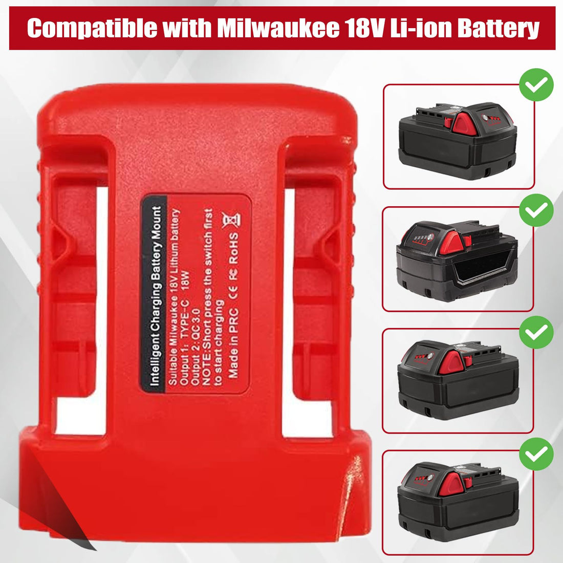 USB Power Tool Battery Chargers for Milwaukee M18 18V Battery ，USB Charger Adapter with USB-A&USB-C 2.1A Fast Charge Ports