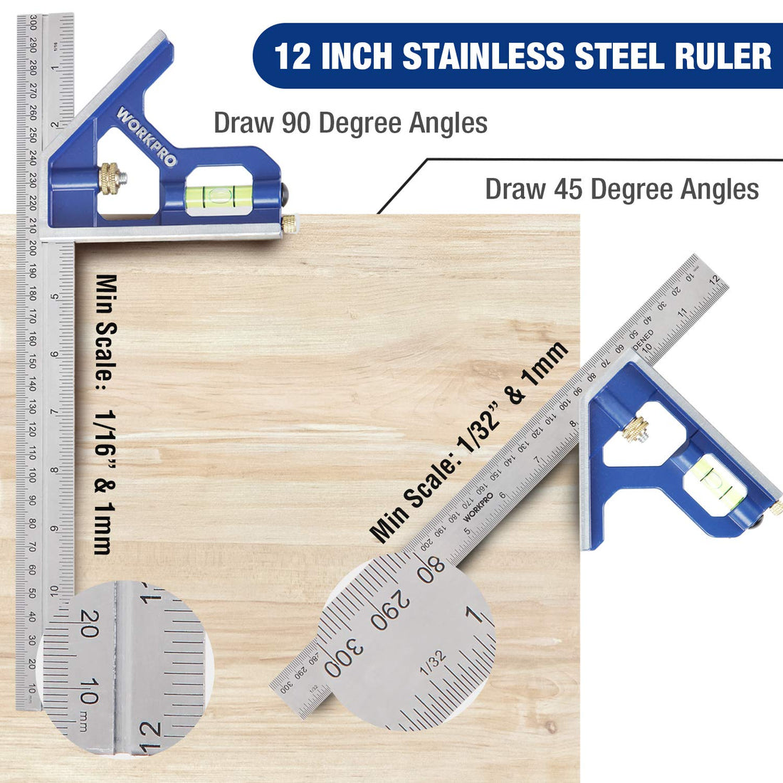 WORKPRO Rafter Square and Combination Square Tool Set, 18cm . Aluminium Alloy Die-Casting Carpenter Square and 30cm Zinc-Alloy Die-Casting Square Ruler Combo (Rafter Square Layout Tool)