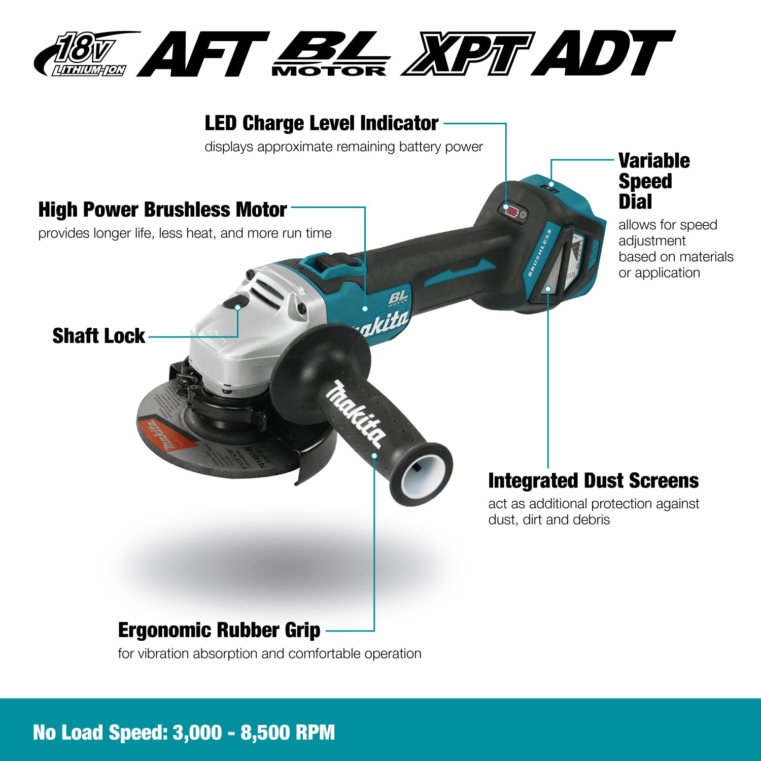 Makita 18V Brushless Angle Grinder with Slide Switch, 125 mm