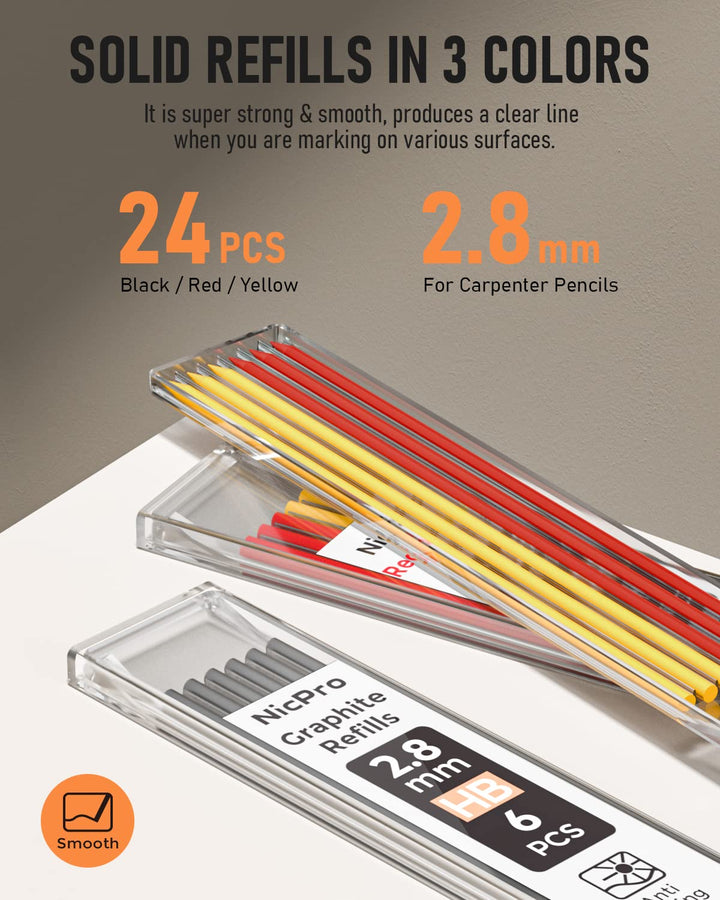 Nicpro 2Pack Carpenter Pencil with Sharpener, Mechanical Carpenter Pencils with 26 Refills (Red, Black, Yellow), Heavy Duty Construction Pencil, Woodworking Pencils for Architect