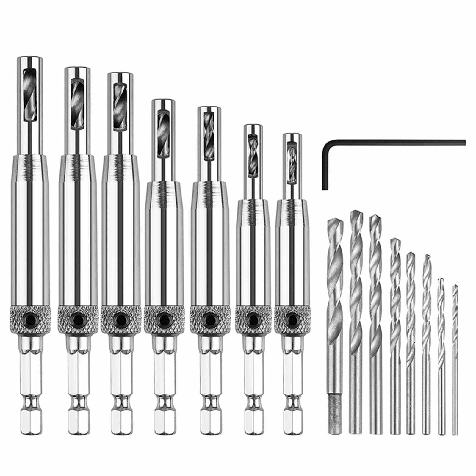 AIMALL 7-Piece Self-Centering Hinge Drill Bit Set – 1/4" Hex Shank for Woodworking, Cabinet Hinges, Door Handles, and Pilot Holes – High-Precision Positioning Tools