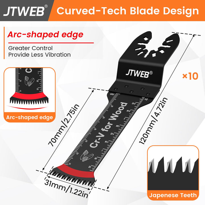 JTWEB Japanese Tooth Oscillating Tool Blade Wood, 10PCS Arc-Shaped Edge Extra Long Reach Oscillating Saw Blades, Multitool Blades Clean Cut for Wood, Plastic, Multi Tool Blades Kits for Dewalt