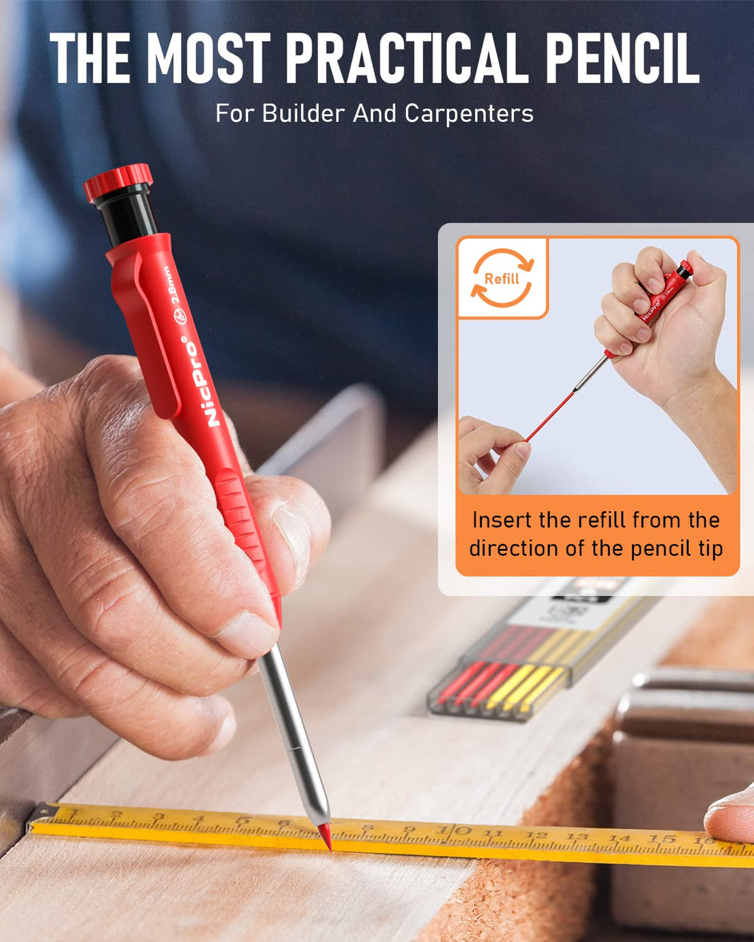 Nicpro 2Pack Carpenter Pencil with Sharpener, Mechanical Carpenter Pencils with 26 Refills (Red, Black, Yellow), Heavy Duty Construction Pencil, Woodworking Pencils for Architect