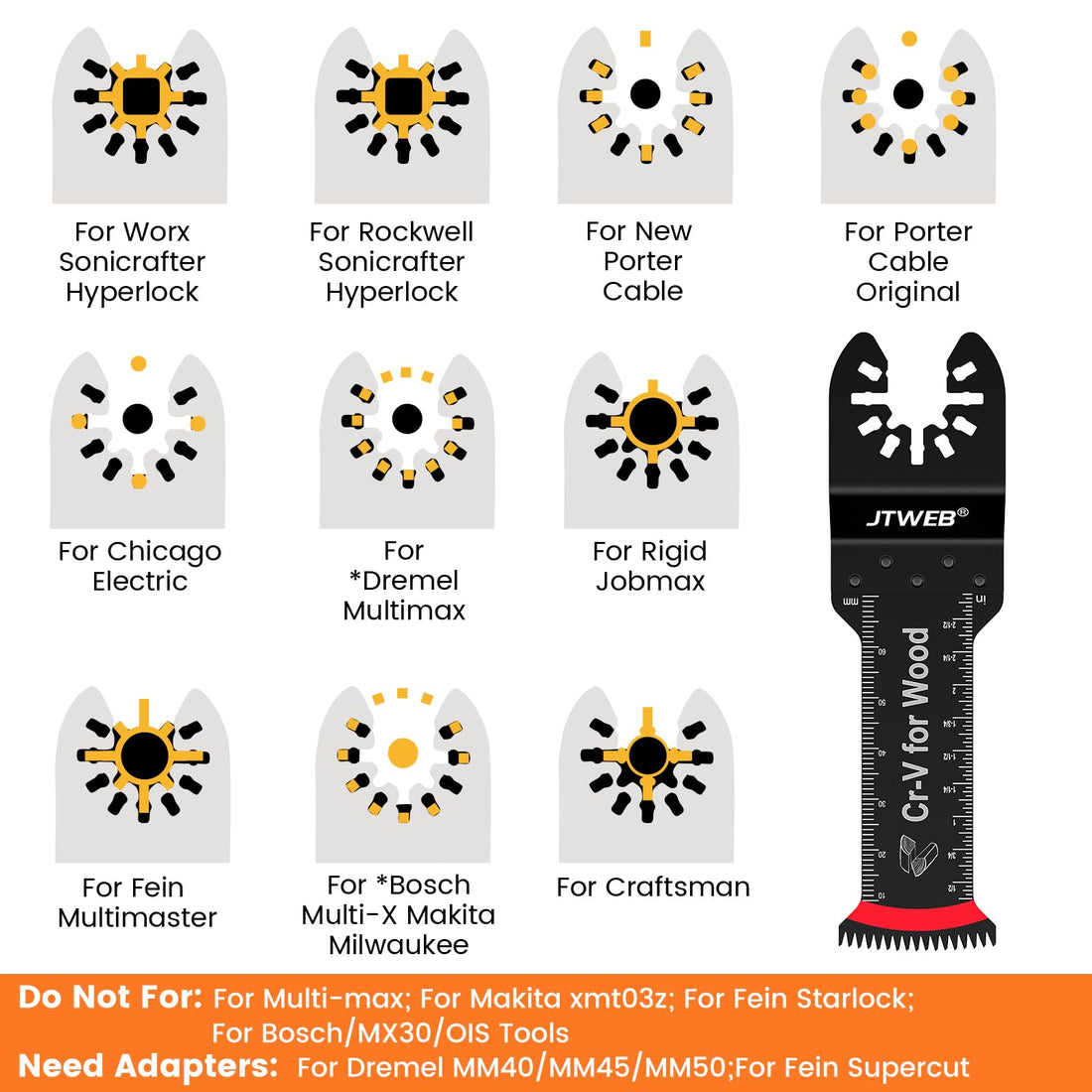 JTWEB Japanese Tooth Oscillating Tool Blade Wood, 10PCS Arc-Shaped Edge Extra Long Reach Oscillating Saw Blades, Multitool Blades Clean Cut for Wood, Plastic, Multi Tool Blades Kits for Dewalt