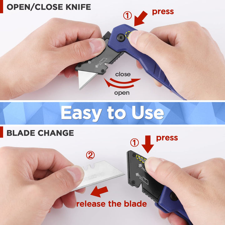 WORKPRO Folding Utility Knife, Quick Change Box Cutter, Razor Knife for Cartons, Cardboard, Boxes, Blade Storage in Aluminum Handle, 13 Extra Blades Included (Blue)