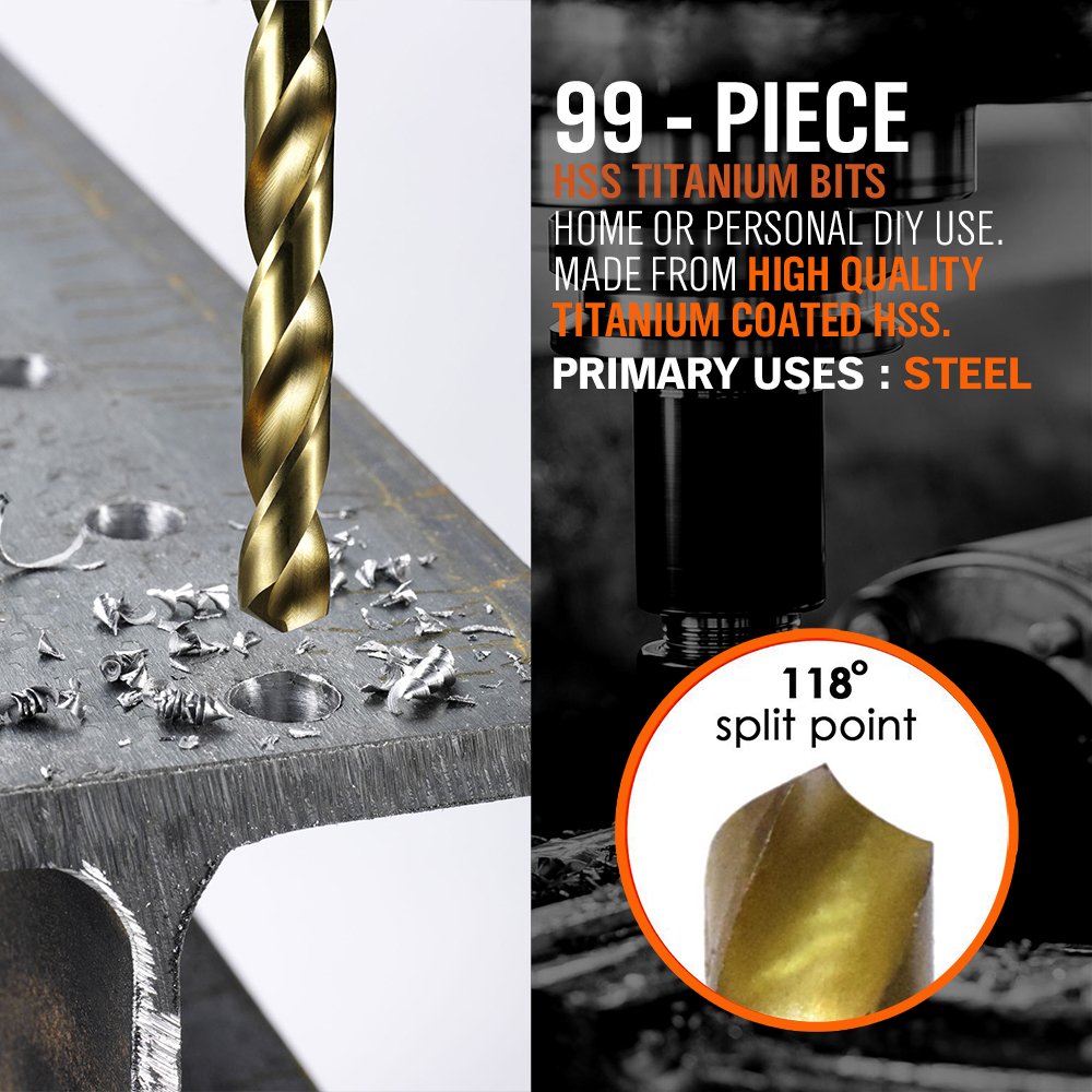 Horusdy 99-Pieces Titanium Drill Bit Set, HSS 1.5mm - 10mm Size, High Speed Twist Drilling Bits Kit for Metal, Plastic, Copper and Wood