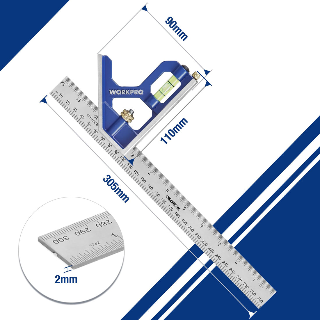 WORKPRO Combination Square 300mm/12Inch, Engineers Set Square, Stainless Steel Angle Ruler, Adjustable Carpentry Square 45/90 Degree with Bubble Level, Measuring Tool for Engineer Carpenter