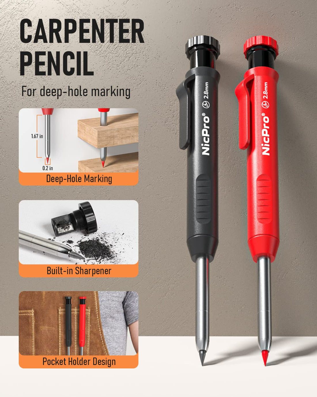 Nicpro 2Pack Carpenter Pencil with Sharpener, Mechanical Carpenter Pencils with 26 Refills (Red, Black, Yellow), Heavy Duty Construction Pencil, Woodworking Pencils for Architect