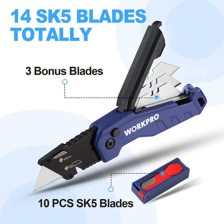 WORKPRO Folding Utility Knife, Quick Change Box Cutter, Razor Knife for Cartons, Cardboard, Boxes, Blade Storage in Aluminum Handle, 13 Extra Blades Included (Blue)