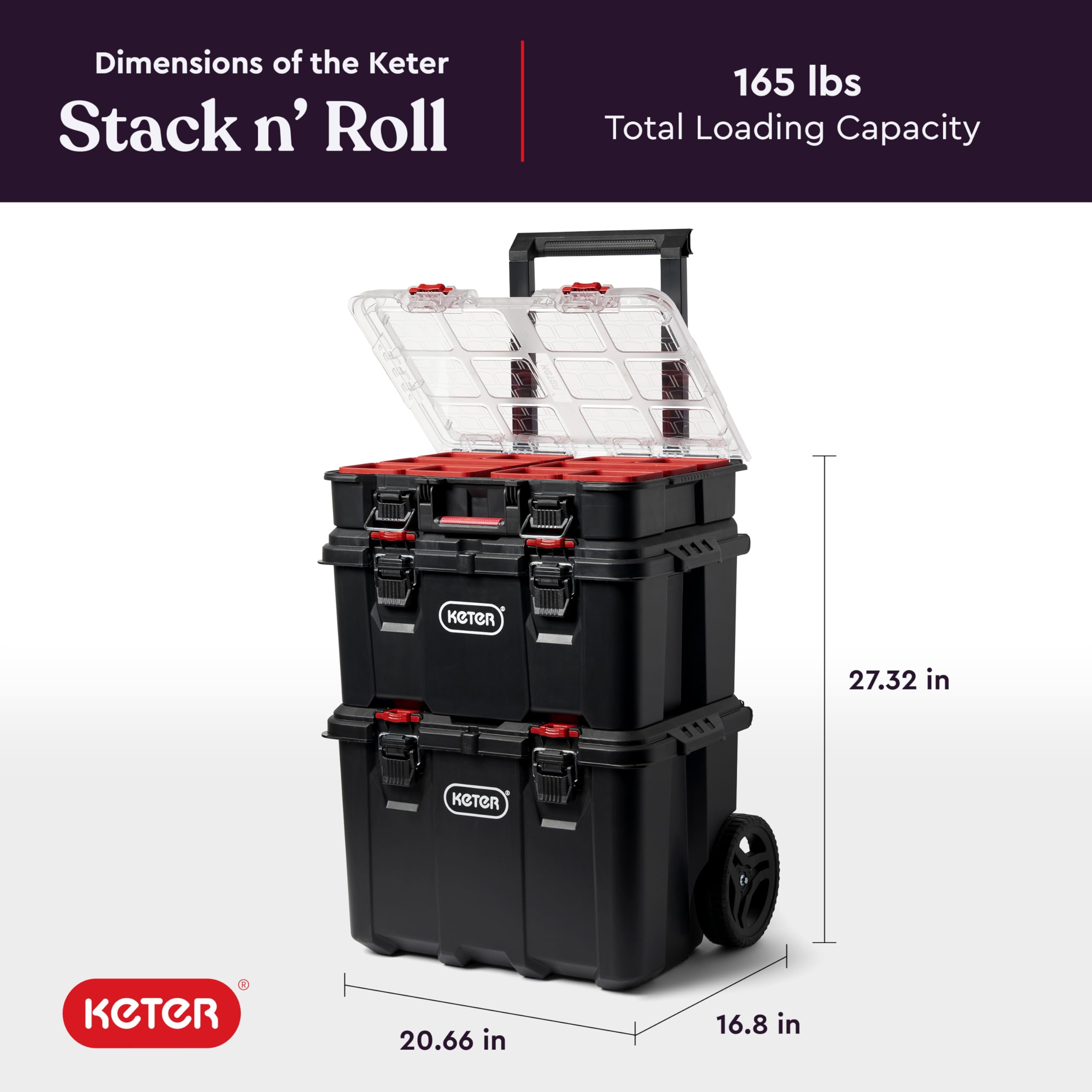 Keter Stack-n-Roll Mobile Tool Storage and Organization, 3 Piece Resin Modular Toolbox System